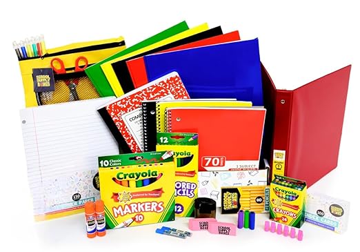 School Supply Boxes | Elementary School Case (4 Boxes) | Back to School Essentials Kit for Students & Teachers | Includes Wide-Ruled Paper Products, Crayons, Markers, Colored Pencils, & More