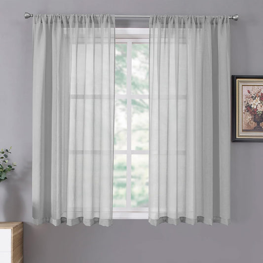 Tollpiz Short Sheer Curtains Linen Textured Living Room Curtain Sheers Light Filtering Rod Pocket Voile Curtains for Bedroom, 42 x 45 inches Long, Silver Grey, Set of 2 Panels
