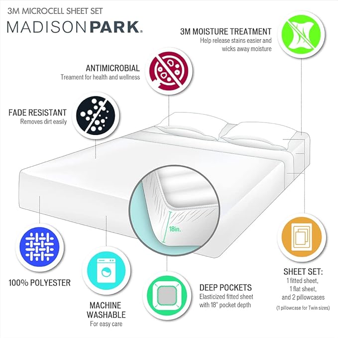 Madison Park 3M Microcell Bed Sheet Set Color Fast, Wrinkle and Stain Resistant, Soft Sheets with 16" Deep Pocket All Season, Cozy Bedding-Set, Matching Pillow Case, Full, Blush, 4 Piece