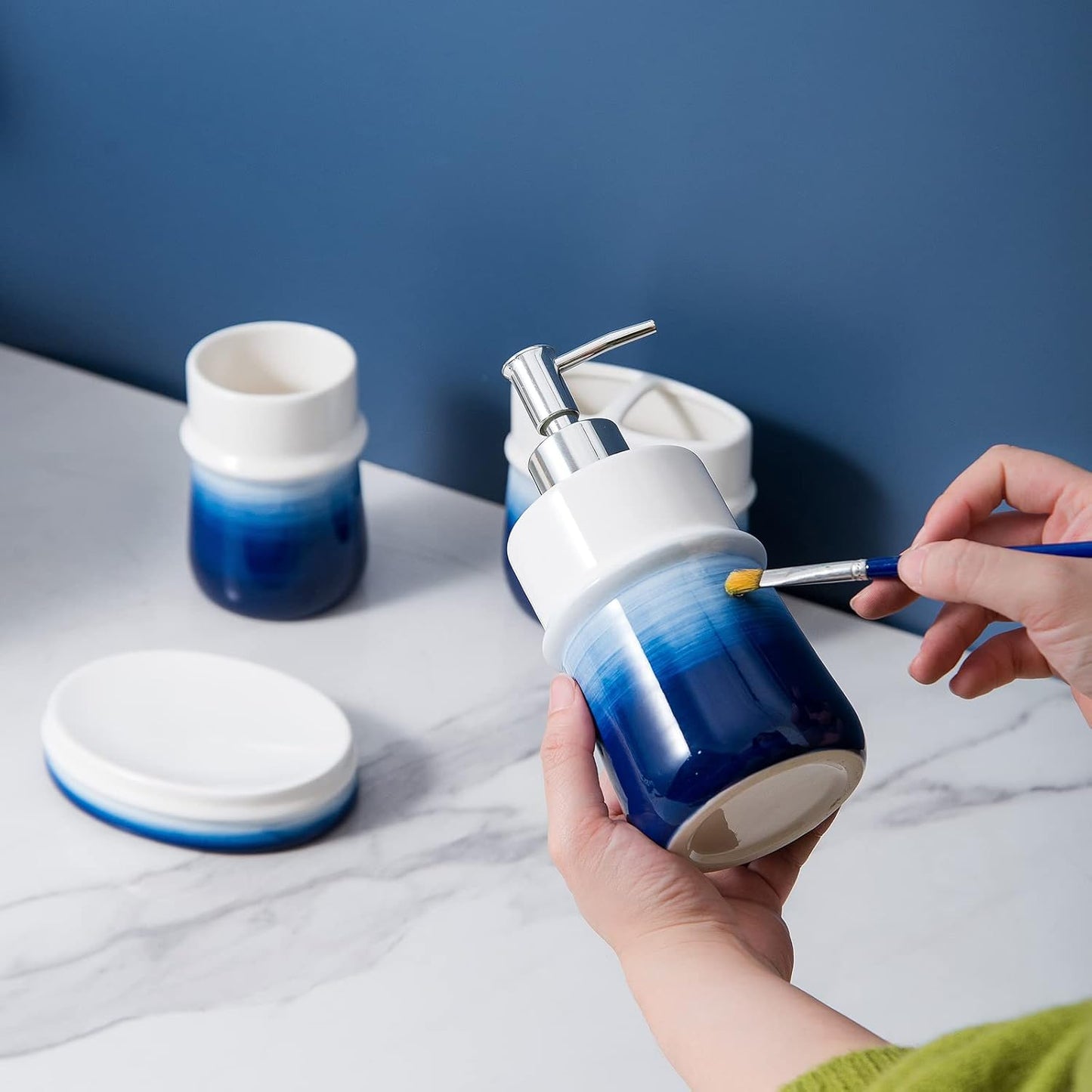 Navy Blue Ceramic Soap Dispenser for Kitchen, Refillable Hand Dispenser with Rust Proof Stainless Steel Pump, 12Oz Lotion Dispenser Bathroom for Dish Soap, Hand soap.