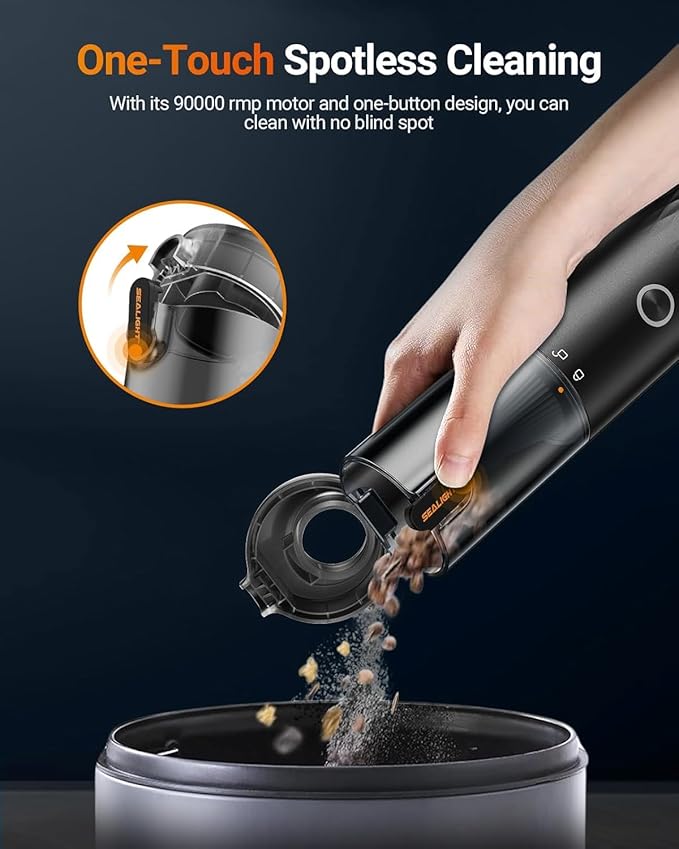 SEALIGHT Car Vacuum Portable Cordless, Handheld Cordless with High Power, Type-C Charging, 2 Suction Modes, Up to 40 Mins Runtime, Small Mini Vacuum for Car, Pet, Home (VS01)