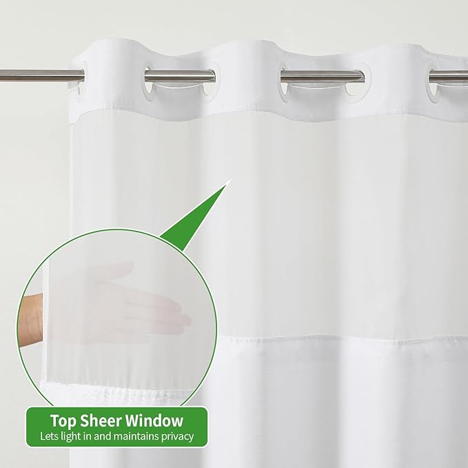 Extra Long No Hooks Needed Linen Textured Shower Curtain with Snap-in Fabric Liner Set,White Hotel Luxury Decor Shower Curtains for Bathroom,Waterproof & Washable,71Wx92H