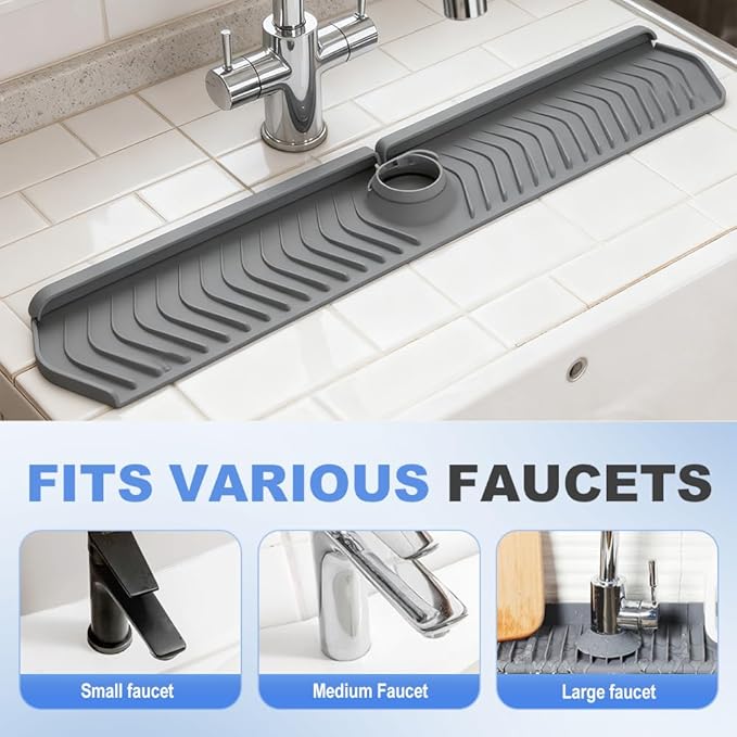 Kitchen Sink Faucet Mat, 2025 New Foldable Faucet Mat for Kitchen Sink, 30in Silicone Faucet Guard & Draining Mat Keep Countertops Dry Splash Guard (Black, 30in)