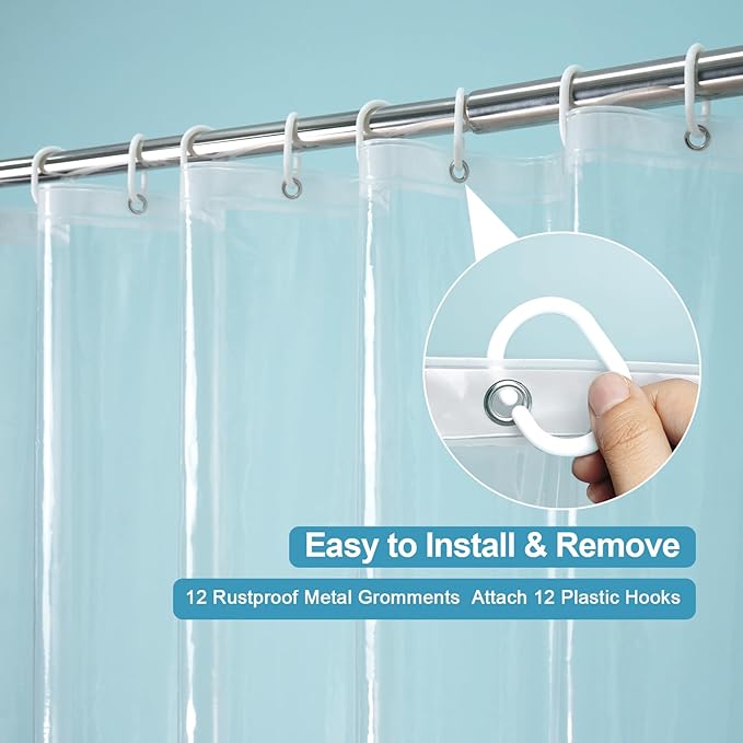 EurCross 72 x 88 inch Long Shower Curtain Liner, Bathroom Clear PEVA Plastic Long Shower Curtain 88 inch Long with 5 Magnets and 12 Hooks,Transparent