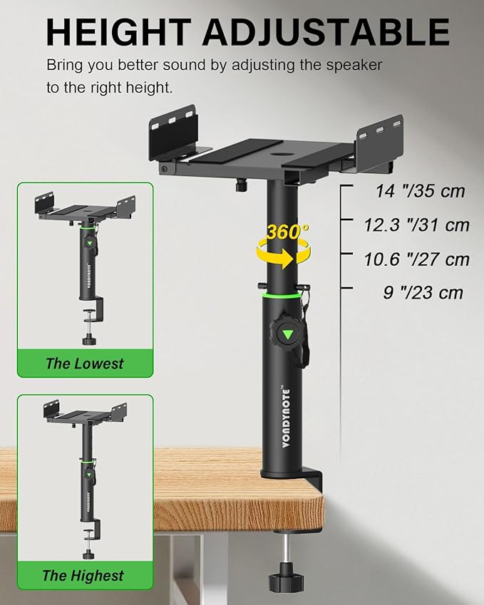 Set of 2 Dual Side Clamping Studio Monitor Stands Short Desktop Clamp Speaker Stands Height Adjustable Extendable Top Plate Mounted by Screws