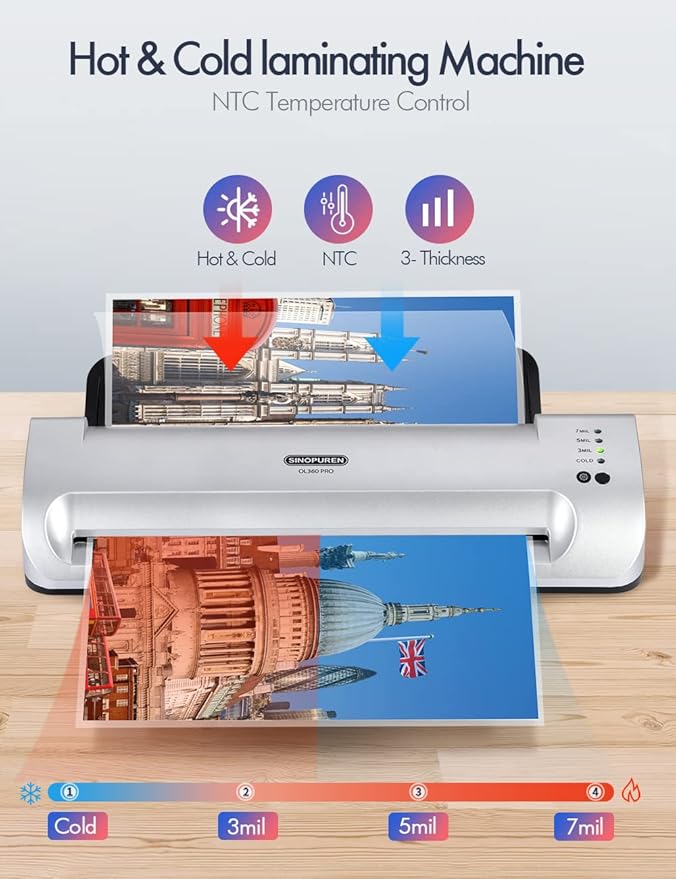 13-Inch Thermal & Cold Laminator Machine, Quick Warm-Up, 3 Temp Settings, Jam-Free ABS, Built-in Paper Trimmer & Corner Rounder, 10 Laminating Pouches, for Home Office School