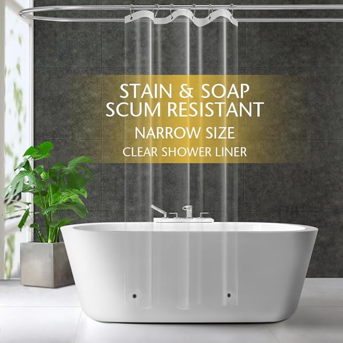 Narrow Size Clear Plastic Shower Curtain Liner, 36x72 Inch Thin Lightweight Transparent Plastic Bathroom Shower Showroom Inner Curtain with Rustproof Metal Grommet Holes and Weighted Magnets
