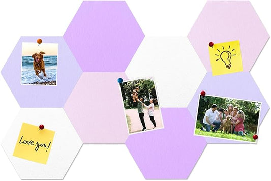 8 Pcs Hexagon Felt Cork Bulletin Board Tiles, Self Adhesive DIY Bulletin Board Pin Board for Office School Home Wall Decor Memos Photos Display(Purple & Pink)