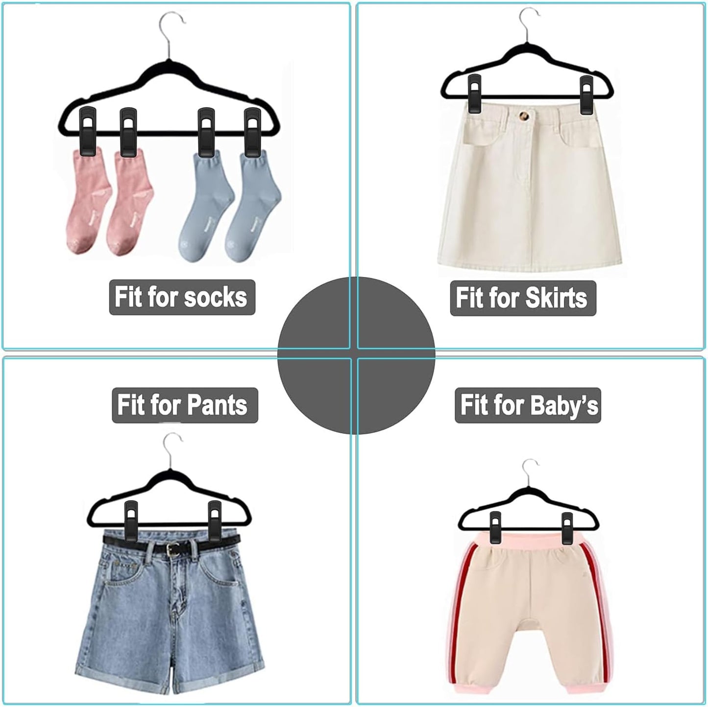 Hanger Clips Perfect for Velvet Hangers (Black, 80 PCS), Strong Plastic Clips Pant Skirt Hanger Clips for Black Flocking Felt Hangers