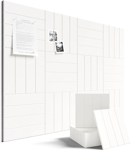 Fluxynara Felt Bulletin Board Tiles Large 48" x 36" Cork Board Alternative-12 Pack with 70 Adhesive Tabs, Thick Slat Wall Panels for Office Decor, Push Pin Board Wall Organizer Alternative-Milky White