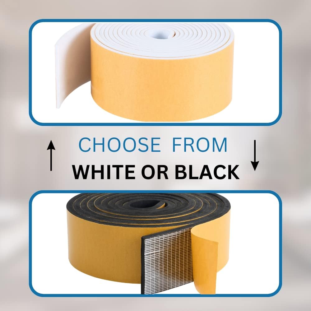 High Density Foam Weather Stripping Door Seal Strip Insulation Tape Roll for Insulating Door Frame, Window, Air Conditioner | Self Adhesive Sealing Weatherstrip (3 in x 1/8 in x 10 Ft, Black)