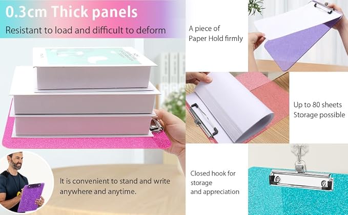 Sparkly Clipboard with Pen Holder, Clear Plastic Glitter Clip Board, Hanging Shiny Clipboards with Low Profile Metal Clip, Letter A4 Size for Taecher Women Office School (Clear Purple)