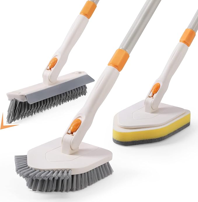 3 in 1 Shower Scrubber Cleaning Brush with Long Handle, 50'' Tub and Tile Grout Scrub Brush Stiff Bristles Lock in Place Scrub Brush Head for Bathroom Kitchen Wall Floor Bathtub Sink Glass - Upgrade