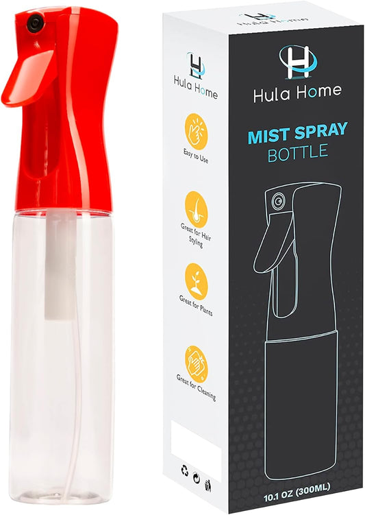 Hula Home Spray Bottle for Hair (10.1oz/300ml) - Powered by Flairosol® Spray Technology - Continuous Ultra Fine Mist Sprayer for Hairstyling, Cleaning, Salons, Plants, Essential Oil & More - Red/Clear