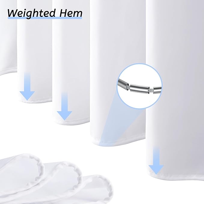 Furlinic Extra Wide No Hook Shower Curtain,96 Inch Width White Fabric Shower Curtains with 12 Plastic Built-in Hooks,Waterproof & Machine Washable Hotel Style for Bathroom,96x72 Inch