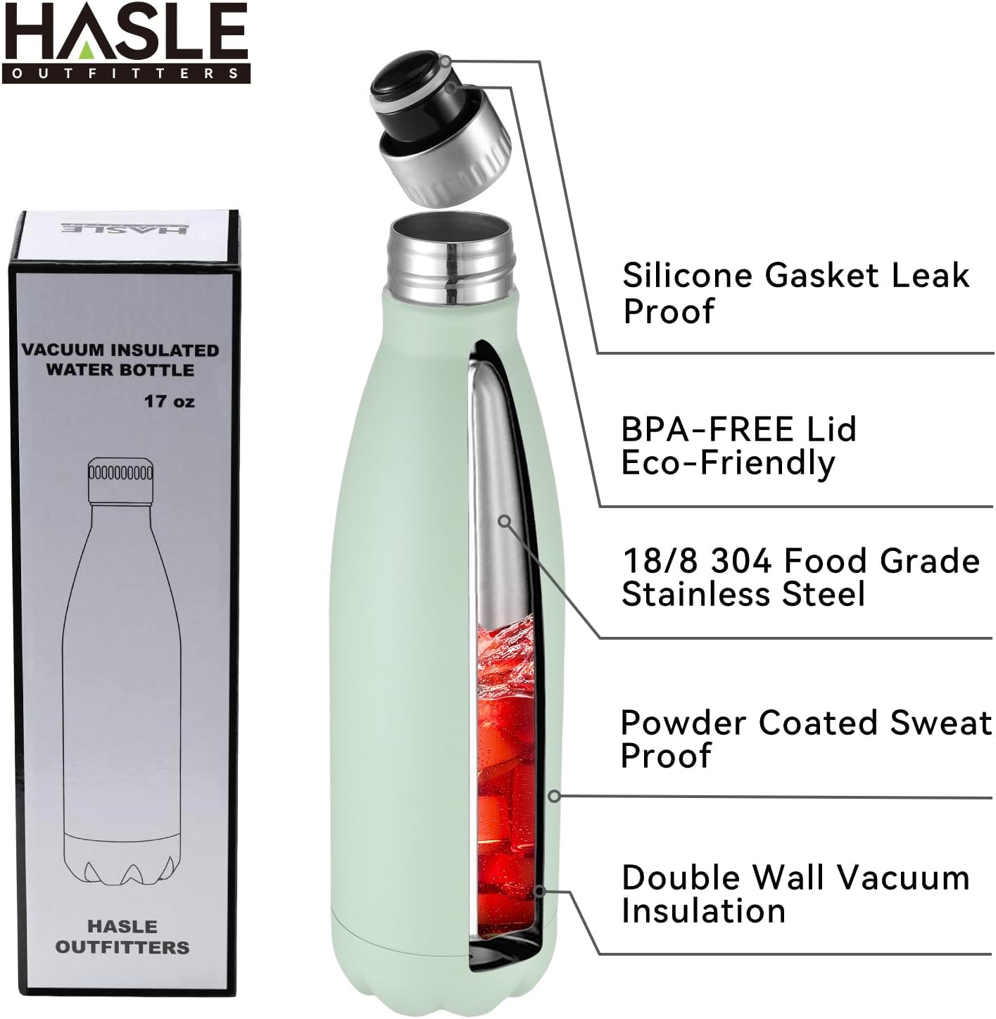 HASLE OUTFITTERS 17oz Stainless Steel Water Bottles, Vacuum Insulated Water Bottles Double Walled Reusable Metal Sports Water Bottles Keep Drinks Hot and Cold, Light Green, 1Pack