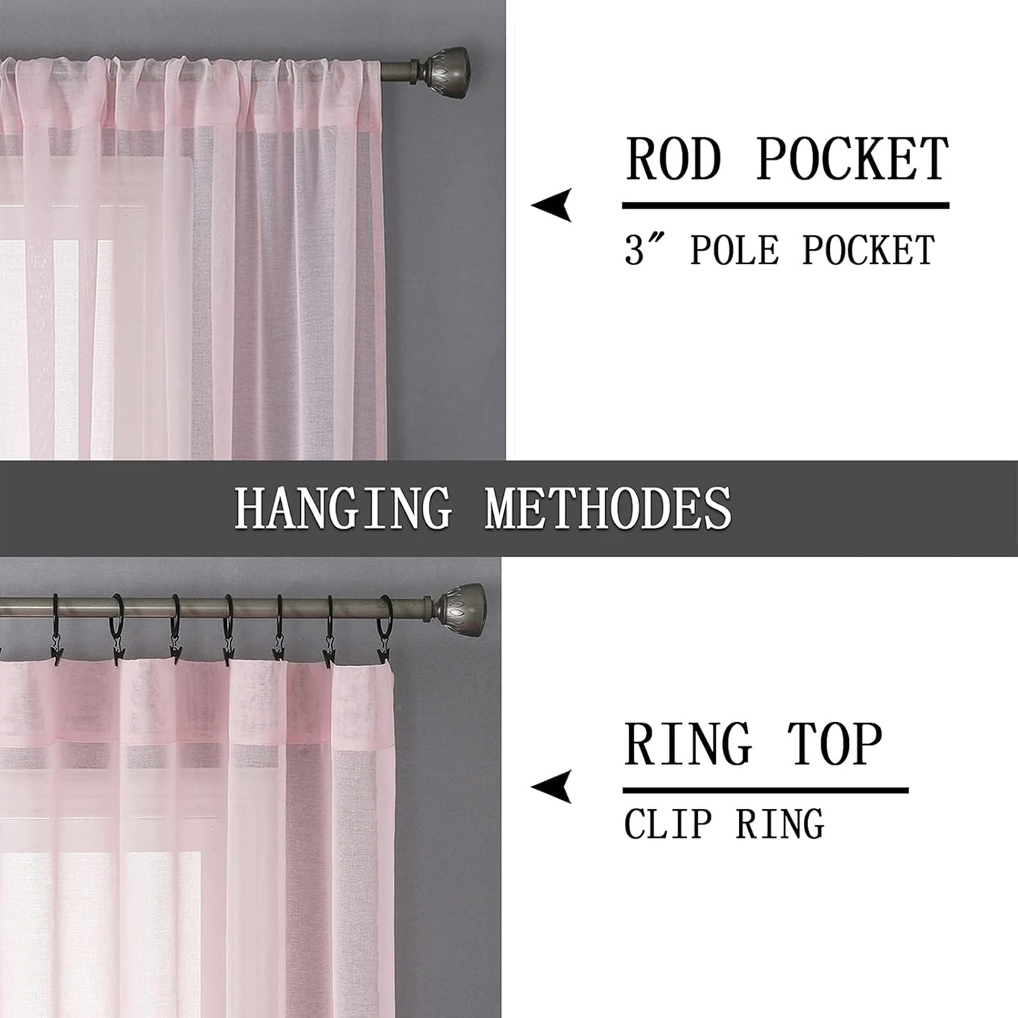 Tollpiz Sheer Curtain Linen Textured Bedroom Curtains Sheer Light Filtering Rod Pocket Voile Curtain for Living Room, 54 x 95 inches Long, Pink, Set of 2 Panels