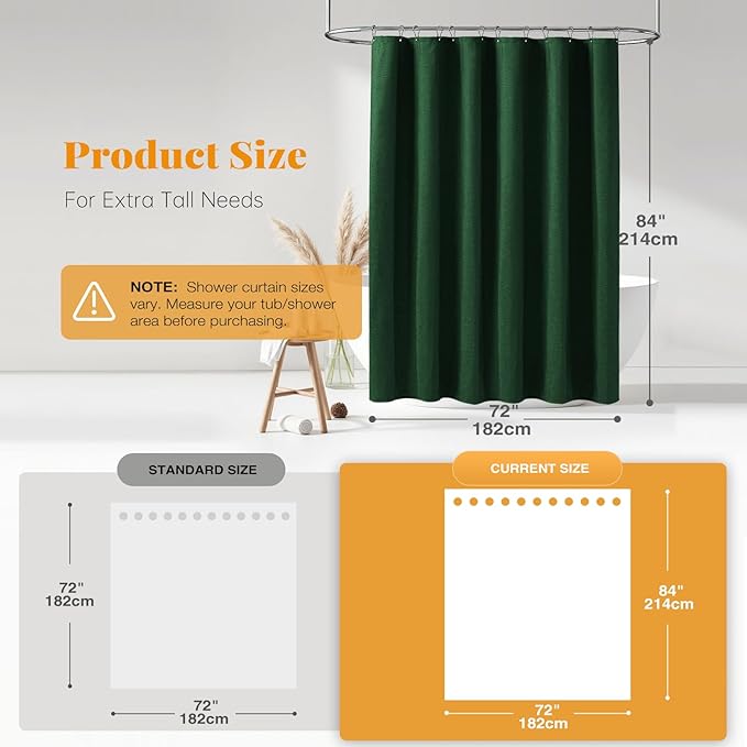 BTTN Extra Long Fabric Shower Curtain, 84 Inch Linen Textured Heavy Duty Cloth Shower Curtain Set with 12 Plastic Hook, Large Hotel Luxury Polyester Shower Curtain for Bathroom,72x84, Emerald Green