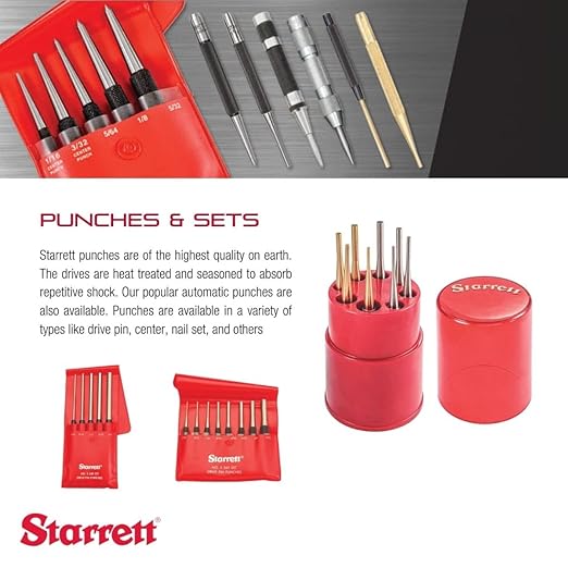 Starrett Drive Pin Punch with Knurled Grip for Driving Pins Into or Out of a Workpiece - Hardened and Tempered Steel, 4" Length, 1/8" Diameter - 565C, Brass Material, Loaded Style