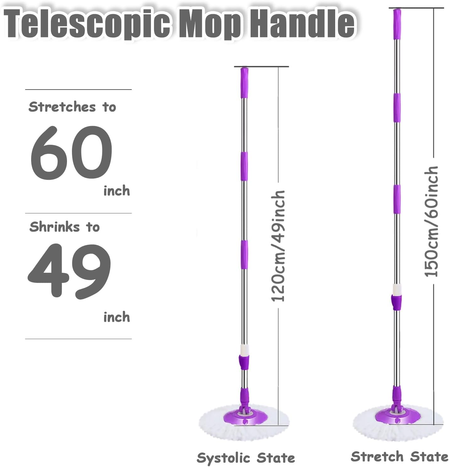 Extended Spin Mop Replacement Mop Handle, Upgraded 60-inch 360 Degrees Rotating Telescopic Replacement Mop Stick for Spin Mop Bucket Cleaning System Floor Cleaning (Plastic Disc, Red)