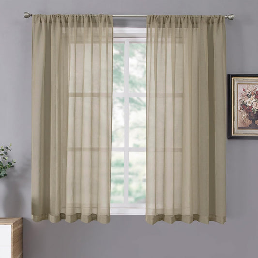 Tollpiz Short Sheer Curtain Linen Textured Bedroom Curtains Sheer Light Filtering Rod Pocket Voile Curtain for Living Room, 54 x 54 inches Long, Taos Taupe, Set of 2 Panels