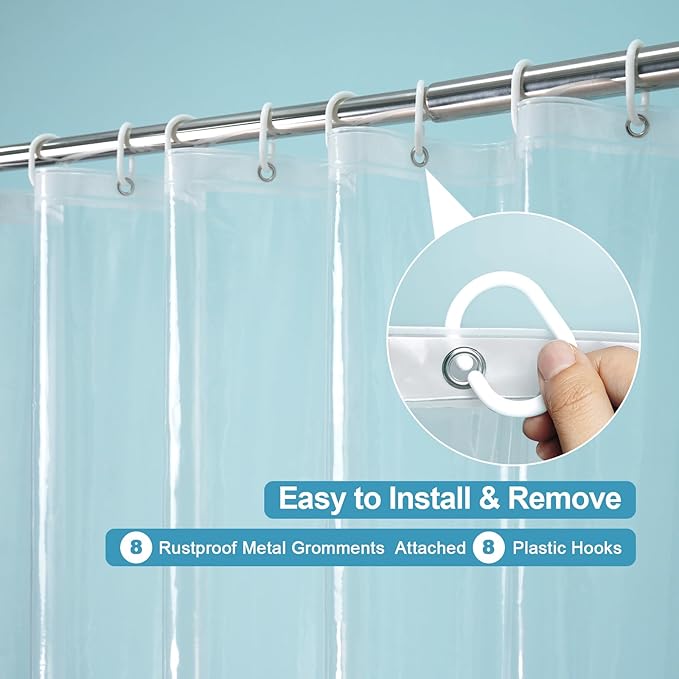 EurCross 48 inch Wide Shower Curtain Liner with 3 Magnets and Hooks, 9G Heavy Duty Premium PEVA Clear Plastic Shower Curtain for Stall 48x72, 8 Metal Grommets