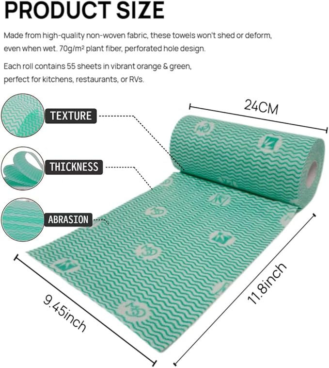 Lazy Cleaning Cloths, Disposable Microfiber Cloths, Reusable Dish Rags, Dry/Wet Use for Dishware, Countertops, Stove, Camping, RVs, Tearable Roll Design (55 Sheets, 9.45"x11.81",Orange)