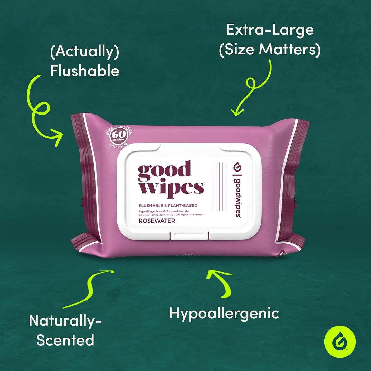Goodwipes Flushable Wipes – Made with Vitamin E & Aloe – Soft, Individually Wrapped Butt & Feminine Cloths for On-the-Go & Travel Use – Largest Adult Toilet Towelettes – Rosewater, 1 pack, 32 count