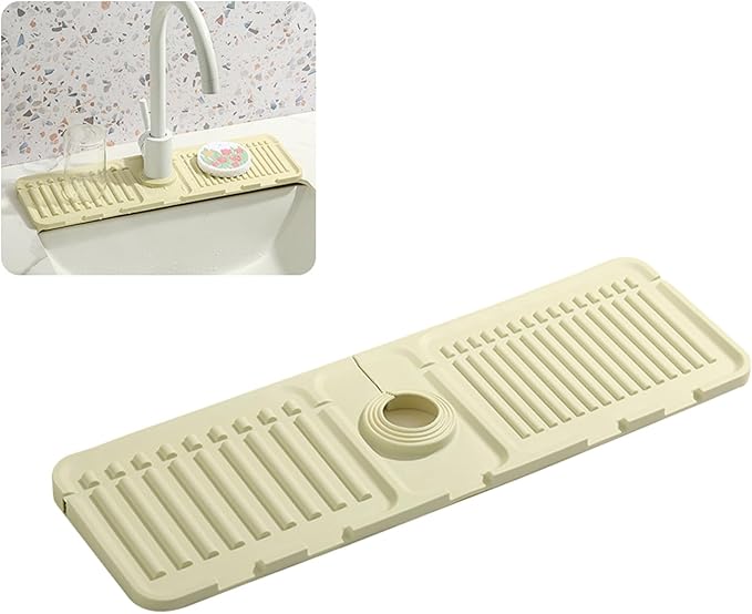 Faucet Mat for Kitchen Sink - 2024 Premium Upgrade: Enhanced Silicone Splash Guard with Rapid Drying & Dish Soap Sponge Holder, Perfect for Stone Sinks in Kitchen & Bathroom (Beige, 3 Pack)