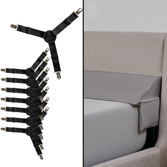 Gorilla Grip Bed Sheet Straps and Headboard Gap Pillow, Sheet Fasteners 8 Pack Black, Easy Install Sheet Suspenders, Headboard Gap Pillow Size King Gray, Dense Foam Wedge, 2 Item Bundle