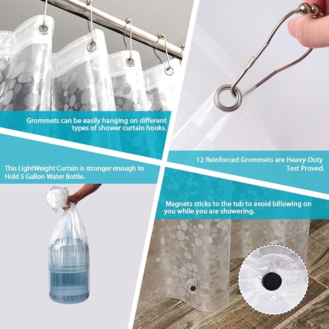 Ga-Geetopia Short - EVA Clear Shower Curtain Liner, Pebble Pattern 72x66 Inch Lightweight Plastic Bathroom Shower Showroom Inner Curtain with Rustproof Metal Grommets and Weighted Magnets