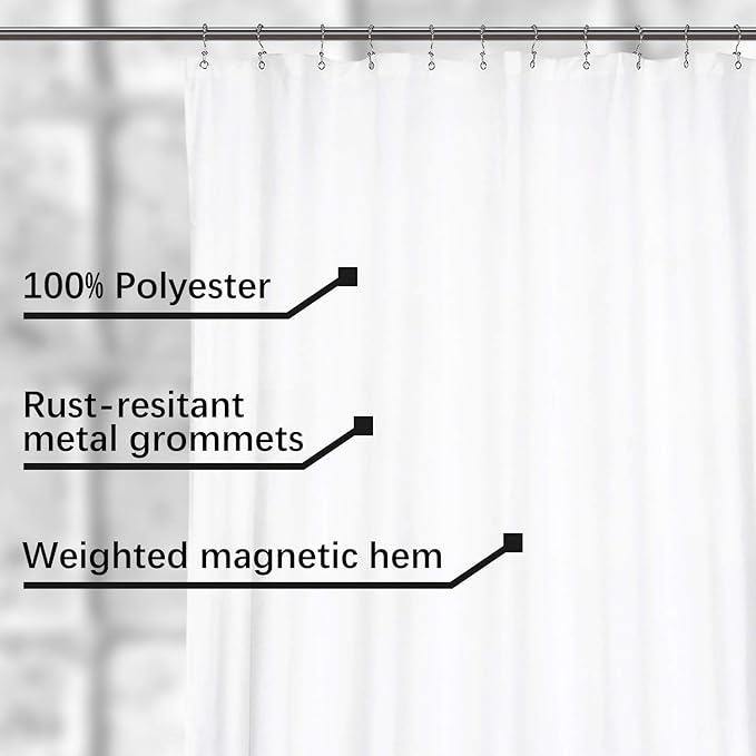 N&Y HOME Fabric Shower Curtain Liner Wide and Long 78 x 78 inches, Hotel Quality, Washable, Water Repellent, White Bathroom Curtains with Grommets, 78x78