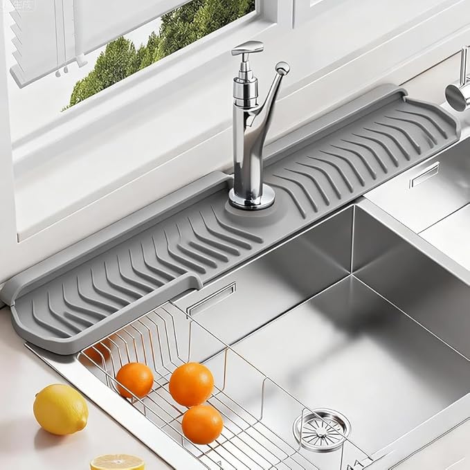 Kitchen Sink Faucet Mat, 2025 New Foldable Faucet Mat for Kitchen Sink, 30in Silicone Faucet Guard & Draining Mat Keep Countertops Dry Splash Guard (Gray, 30in)