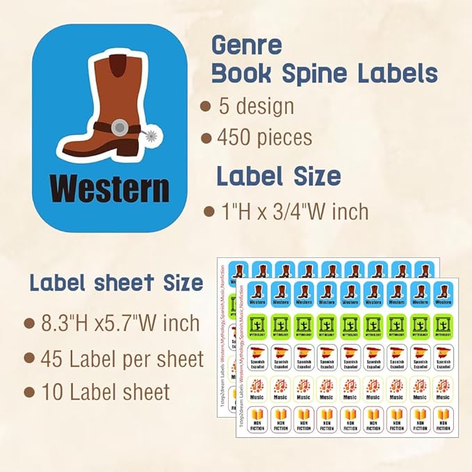 Genre Book Spine Labels for Library | Classroom Library Classification Stickers 450pcs | Nonfiction,Western,Mythology,Spanish,Music