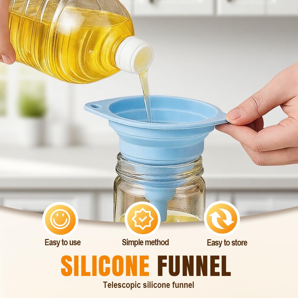 Kitchen Funnel Set 3 Pack, Collapsible Silicone Funnels for Filling Water Bottles & Small Bottles | Food-Grade, Easy Clean & Space-Saving (Blue)