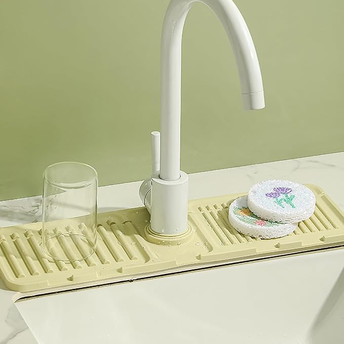 Faucet Mat for Kitchen Sink - 2024 Premium Upgrade: Enhanced Silicone Splash Guard with Rapid Drying & Dish Soap Sponge Holder, Perfect for Stone Sinks in Kitchen & Bathroom (Beige, 1 Pack)