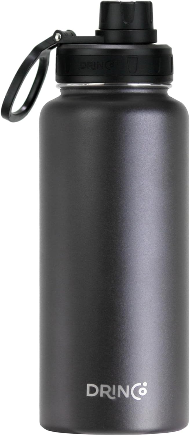 DRINCO Stainless Steel Water Bottle Spout Lid Vacuum Insulated Double Wall Water Bottle Wide Mouth (40oz 32oz 22oz 18oz 14oz) Leak Proof Keep Cold Sport Camping Hiking (32 oz, 32oz Black)