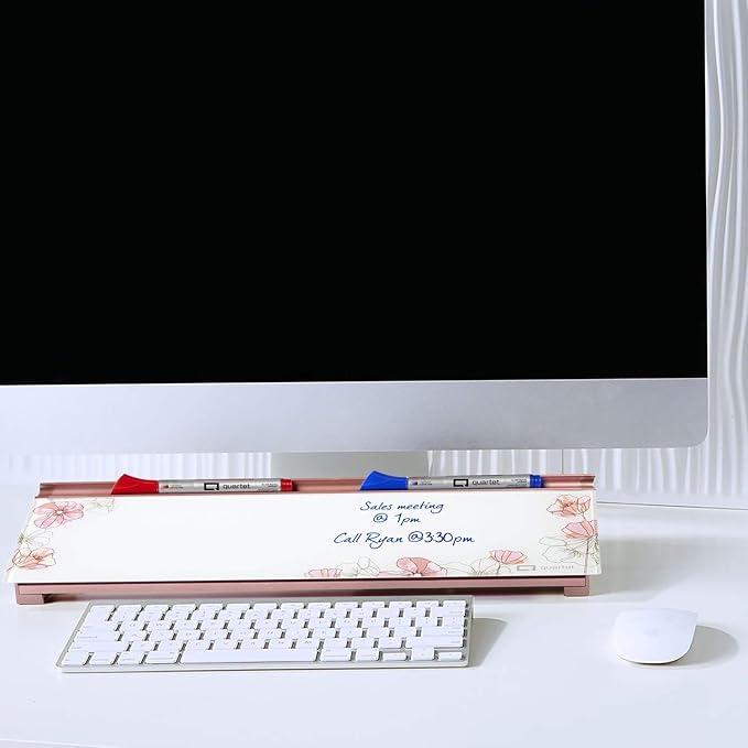 Quartet Glass Dry Erase White Board, Desktop Computer Pad for Notetaking, 18" x 6" Whiteboard, Clean Erase Surface with Storage, 1 Dry Erase Marker, Floral Pattern (GDP186P)
