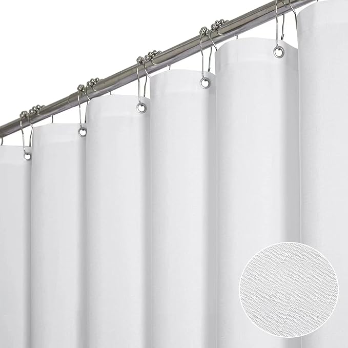 BTTN Fabric Shower Curtain, Linen Textured Heavy Duty Polyester Cloth Shower Curtain Set with Plastic Hooks, White, 60" W x 84" L (Pack of 1)