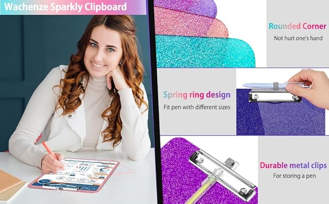 Sparkly Clipboard with Pen Holder, Clear Plastic Glitter Clip Board, Hanging Shiny Clipboards with Low Profile Metal Clip, Letter A4 Size for Taecher Women Office School (Clear Purple)