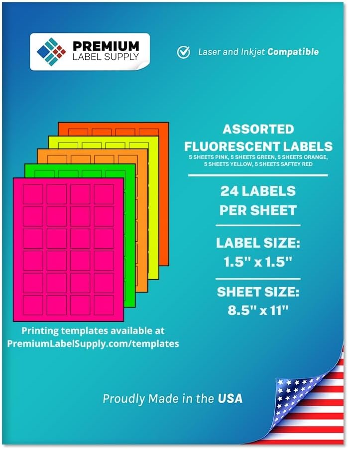 Premium Label Supply Bright Neon Color Fluorescent Sticker Labels - 1.5" x 1.5" Square Labels - (Assorted Fluorescent, 600 Labels)