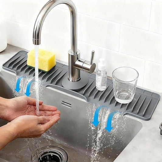 16" Silicone Faucet Mat for Kitchen Sink Released in 2025/12TH,8° Slope Fast Self-draining-Kitchen Sink Splash Guard,Bathroom Kitchen Sink Area Water Splash Guard Behind Faucet Draining Dark Grey