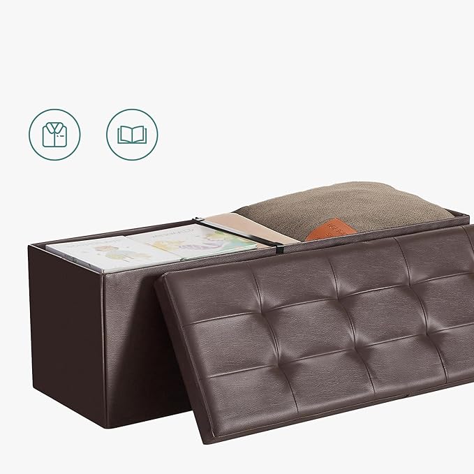 SONGMICS MAZIE Collection - 43 Inches Storage Ottoman Bench with Flipping Lid, Storage Chest with Iron Frame Support, Load 660 lb, for Living Room, Bedroom, Synthetic Leather, Brown ULSF75BR