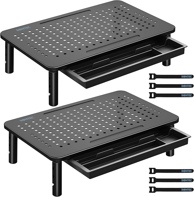 BONTEC 2 Pack Adjustable Monitor Stand Riser with Drawer, Ergonomic Mesh Platform Computer Monitor Stand for Desk, Ventilated Laptop and PC Stand with Cable Management, Supports up to 44lbs