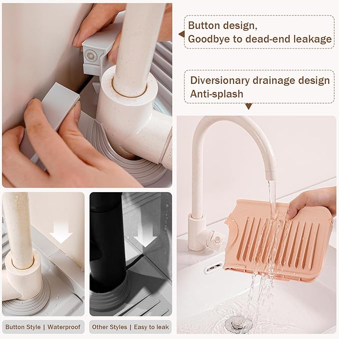 Longer Silicone Faucet Mat for Kitchen Sink – Button Style Faucet Drip Catcher & Leak-Proof Sink Splash Guard with 6° Slope, Behind Faucet Draining Mat,Gadgets for Bathroom (dark gray, large)