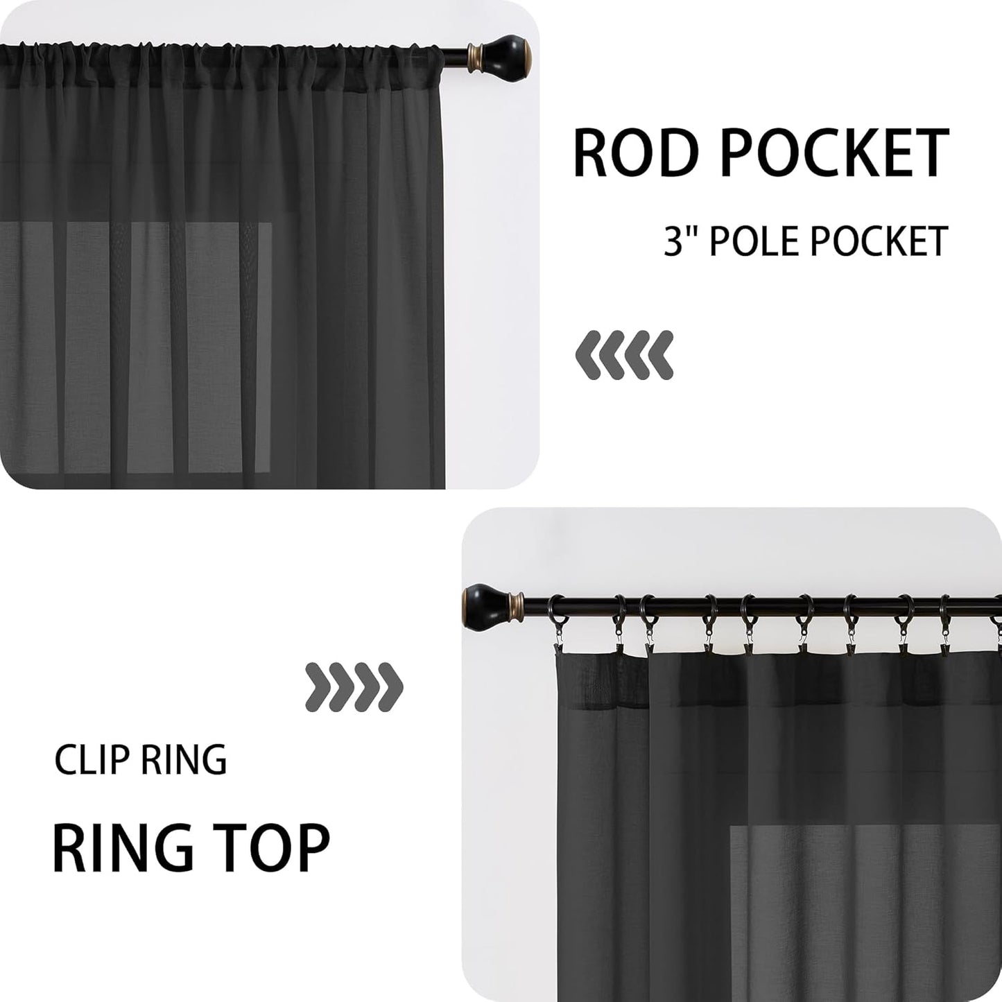 Tollpiz Sheer Linen Textured Curtain Sheers Doorway Light Filtering Voile French Door Rod Pocket Curtains Patio Glass Door, 54 x 63 inches Long, Black, Set of 1 Panel