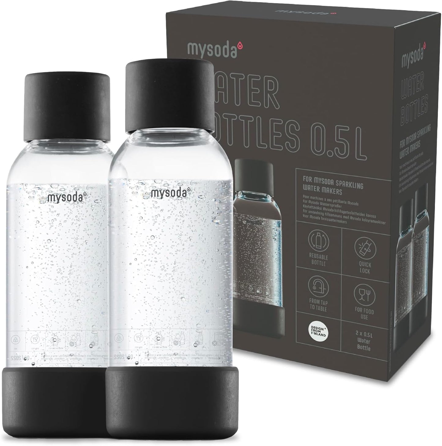 Mysoda Carbonating Bottles 2Pck 0.5L - Compatible with MySoda and any brands - Quick-Lock Reusable Bottles - Lid and Base Made of Wood Composite - BPA Free - Black