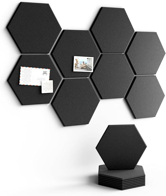 Fluxynara Hexagon Cork Board Alternative for Walls Decor-8-Pack Felt Bulletin Board Tiles,with 30 Pushpins,50 Adhesive Tabs for Office,Classrooms & Home Pin Board Felt Board-Black