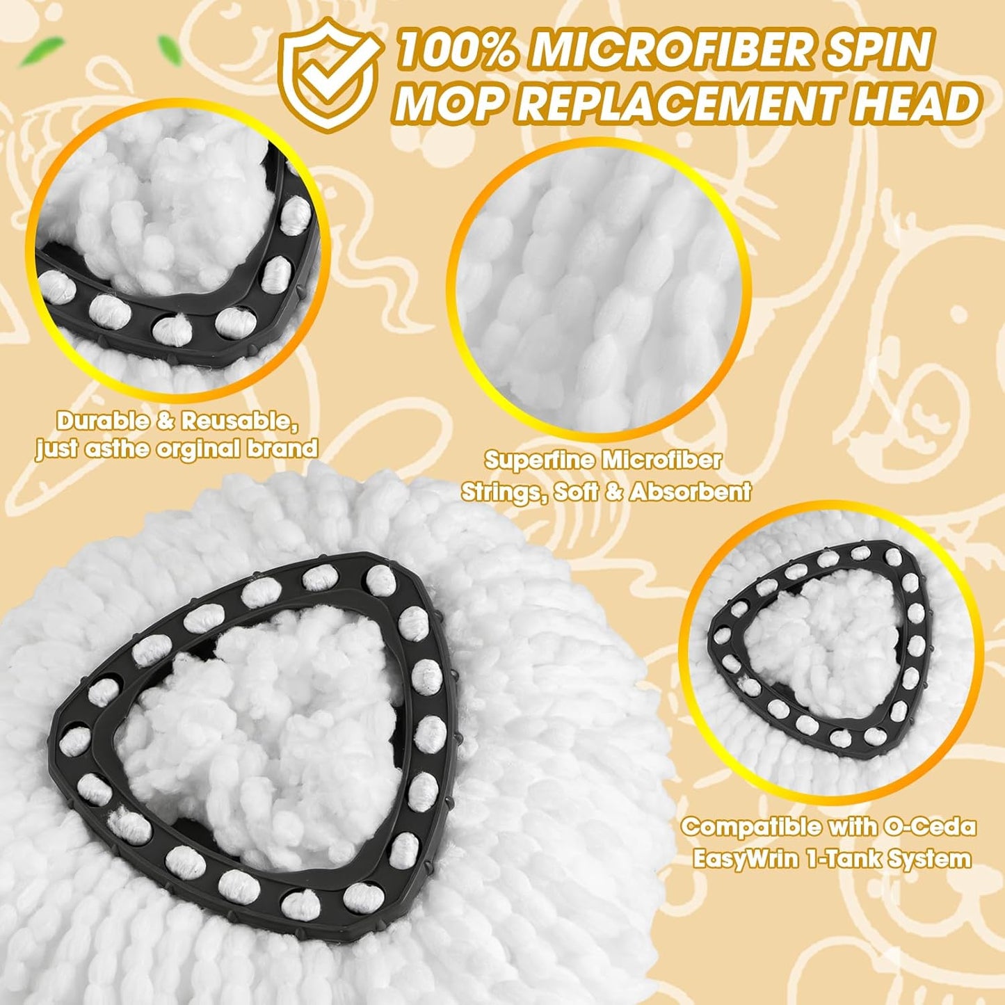 6 Pack Spin Mop Replacement Heads, Microfiber Spin Mop Refills for O Ceda EasyWrin 1-Tank System, 360° Replacement Mop Head, Machine Washable Spinning Mop Replace Head for Easy Floor Cleaning