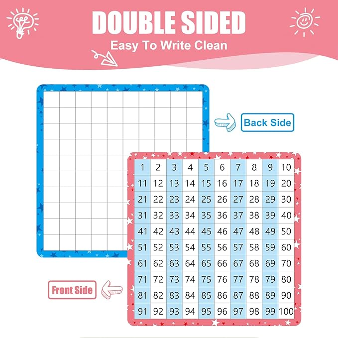 10 Pack Dry Erase Math Hundred Board Card Laminated Double Sided Number 1-100 Chart Easy to Write Consecutive Number Counting Chart for Students Math Manipulatives
